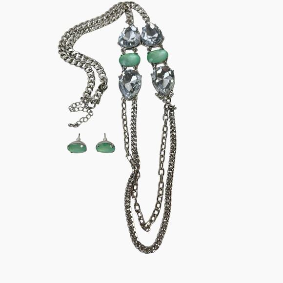 Fashion Necklace Earrings Set Large Clear And Frosted Green Stones Silver Tone - Picture 5 of 10